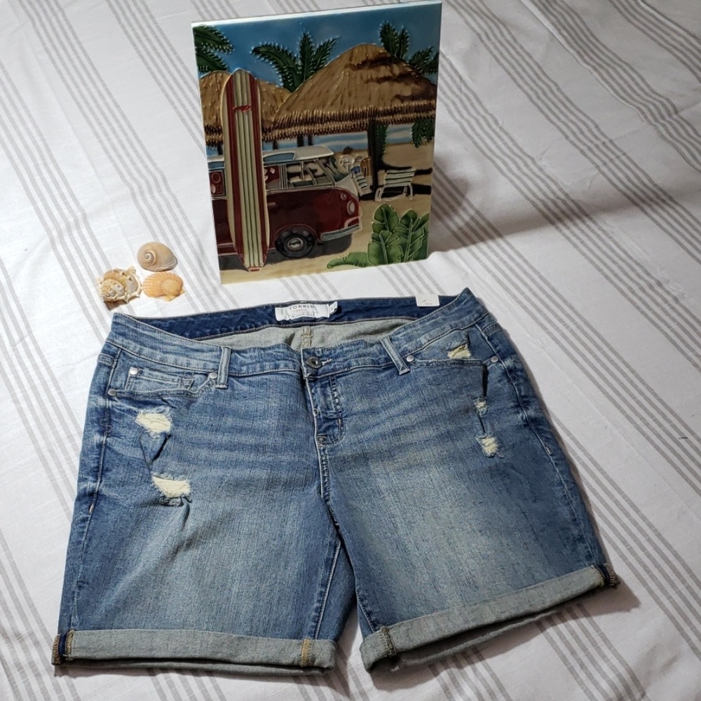 Torrid Midi Shorts- Distressed, Light Wash